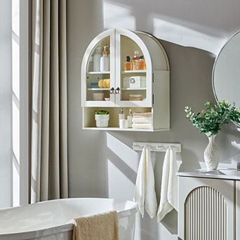 Arched Wall Cabinet, Large Wood Bathroom Medicine Cabinet Wall Mounted Cupboard, Adjustable Shelf