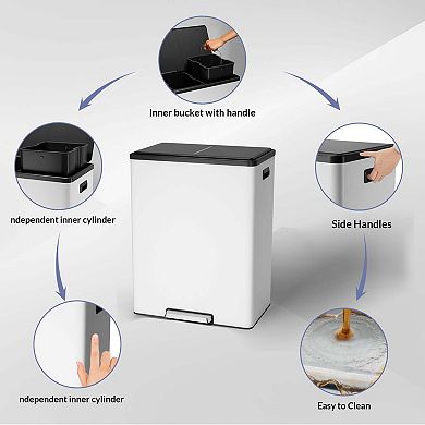 16 Gallon Dual Stainless Steel Step Recycling Trash Can Soft Close Lid with 2 Removable Buckets