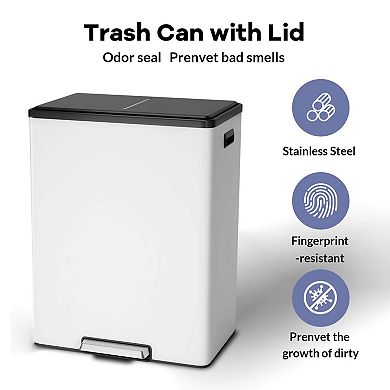 16 Gallon Dual Stainless Steel Step Recycling Trash Can Soft Close Lid with 2 Removable Buckets