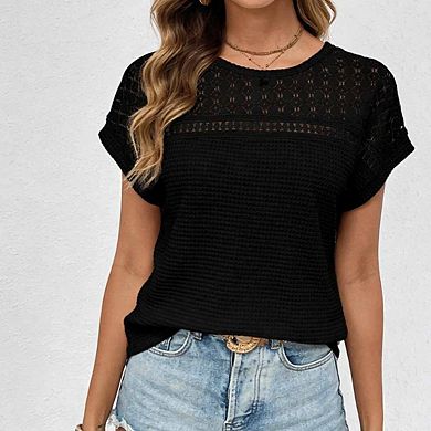 Women's Casual Hollow Out Waffle Knit Short Sleeve Tee Raglan Sleeve Basic Top