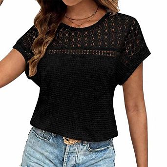 Women's Casual Hollow Out Waffle Knit Short Sleeve Tee Raglan Sleeve Basic Top