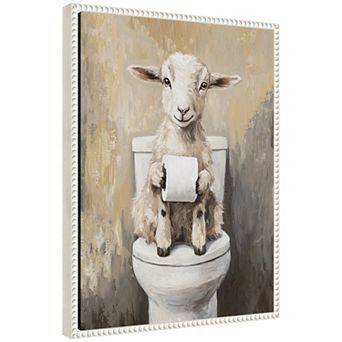 Sylvie Goat Holding Toilet Bathroom Art Framed Canvas by The Creative Bunch Studio