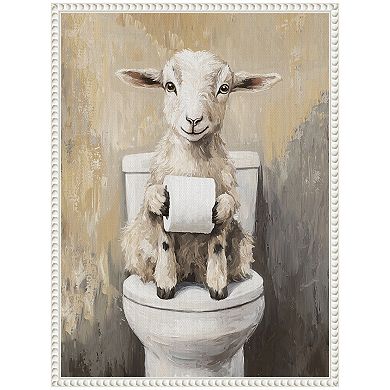 Sylvie Goat Holding Toilet Bathroom Art Framed Canvas by The Creative Bunch Studio