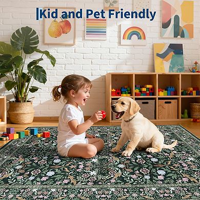 Washable Non-Slip Rug, Farmhouse Floral Boho, Low-Pile Soft Stain-Resistant Carpet