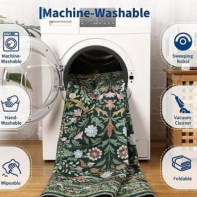 Washable Non-Slip Rug, Farmhouse Floral Boho, Low-Pile Soft Stain-Resistant Carpet