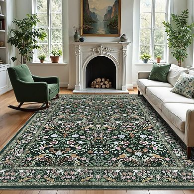 Washable Non-Slip Rug, Farmhouse Floral Boho, Low-Pile Soft Stain-Resistant Carpet