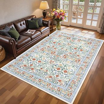 Washable Non-Slip Rug, Farmhouse Floral Boho, Low-Pile Soft Stain-Resistant Carpet