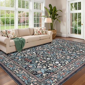 Washable Non-Slip Rug, Farmhouse Floral Boho, Low-Pile Soft Stain-Resistant Carpet
