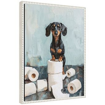 Sylvie Cute Dachshund Dog Blue Teal Bathroom Art Framed Canvas by The Creative Bunch Studio