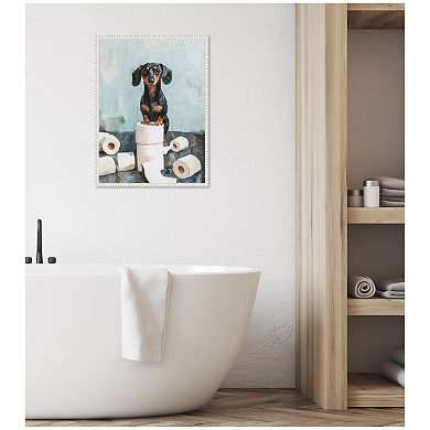 Sylvie Cute Dachshund Dog Blue Teal Bathroom Art Framed Canvas by The Creative Bunch Studio