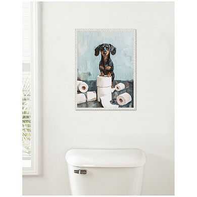 Sylvie Cute Dachshund Dog Blue Teal Bathroom Art Framed Canvas by The Creative Bunch Studio