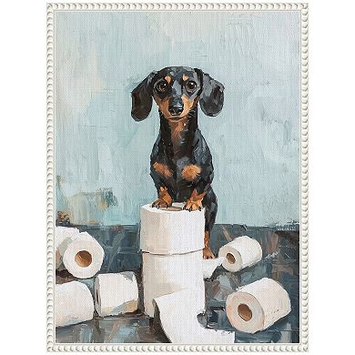 Sylvie Cute Dachshund Dog Blue Teal Bathroom Art Framed Canvas by The Creative Bunch Studio