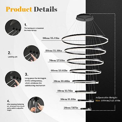 Modern Dimmable LED Ring Chandelier High Ceiling Pendant Light with Remote Control - Adjustable DIY