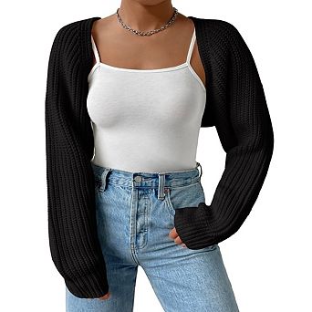 Women's Plus Size Long Sleeve Open Front Knit Crop Cardigan Drop Shoulder Knit Bolero Shrug Sweater