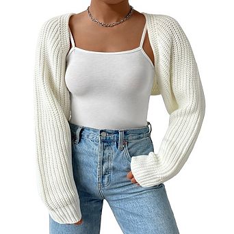 Women's Plus Size Long Sleeve Open Front Knit Crop Cardigan Drop Shoulder Knit Bolero Shrug Sweater