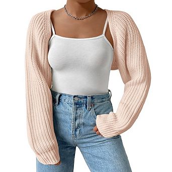 Women's Plus Size Long Sleeve Open Front Knit Crop Cardigan Drop Shoulder Knit Bolero Shrug Sweater