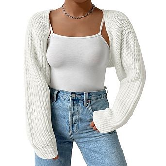 Women's Plus Size Long Sleeve Open Front Knit Crop Cardigan Drop Shoulder Knit Bolero Shrug Sweater
