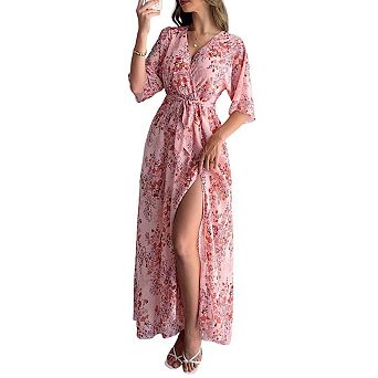 Women's Boho Floral Print Maxi Dress V Neck Half Sleeve High Waist A Line Chiffon Long Beach Dresses