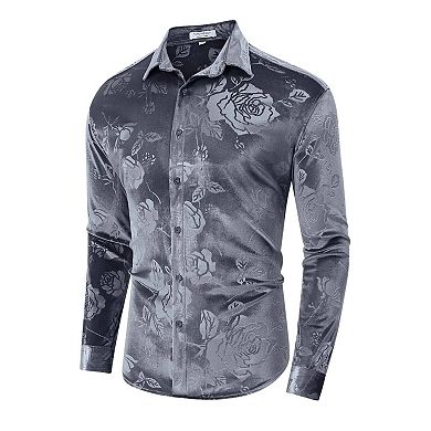 Men's Floral Pattern Satin Dress Shirt Long Sleeve Formal Wear