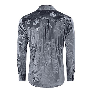 Men's Floral Pattern Satin Dress Shirt Long Sleeve Formal Wear
