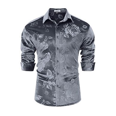 Men's Floral Pattern Satin Dress Shirt Long Sleeve Formal Wear