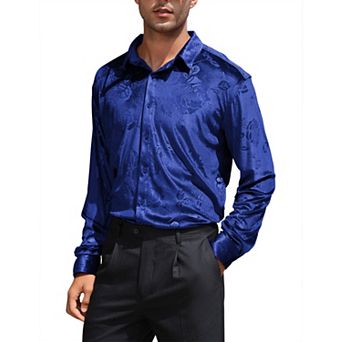 Men's Floral Pattern Satin Dress Shirt Long Sleeve Formal Wear