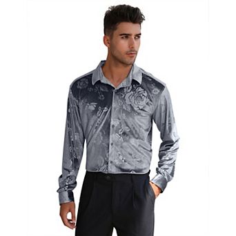 Men's Floral Pattern Satin Dress Shirt Long Sleeve Formal Wear