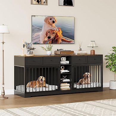 Large Double Dog Crate Furniture with Drawers and Shelves