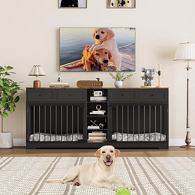 Large Double Dog Crate Furniture with Drawers and Shelves