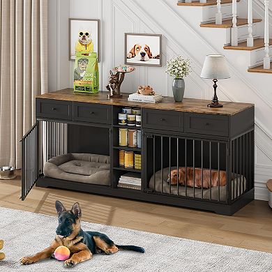 Large Double Dog Crate Furniture with Drawers and Shelves