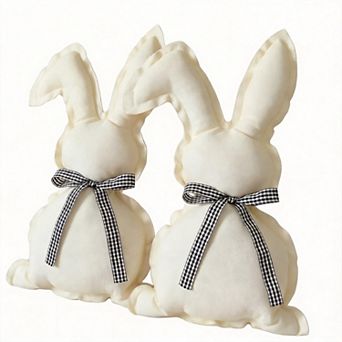2 pc Easter Bunny Throw Pillows Rabbit Cotton-Linen Plaid Bow Tie Decor 16.9x9.8"
