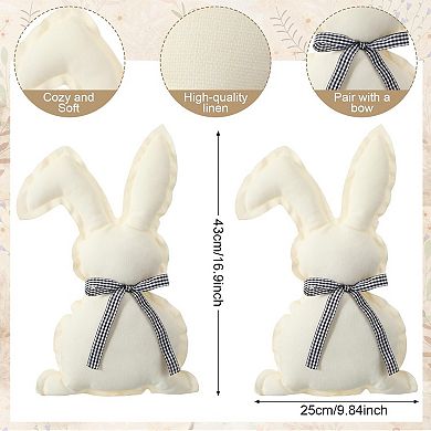 2-piece Easter Bunny Throw Pillows Rabbit Cotton-Linen Plaid Bow Tie Decor 16.9x9.8"