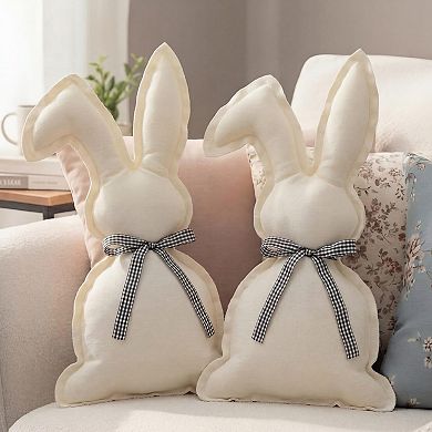 2-piece Easter Bunny Throw Pillows Rabbit Cotton-Linen Plaid Bow Tie Decor 16.9x9.8"