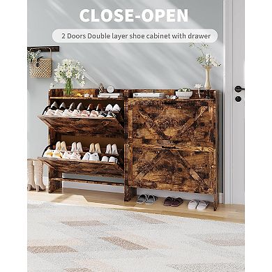 Freestanding Shoe Storage Cabinet with Flip Drawers and Wooden Legs