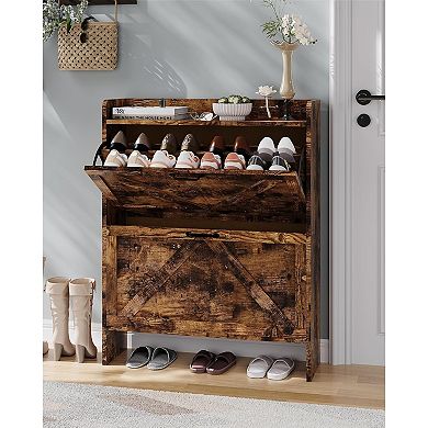 Freestanding Shoe Storage Cabinet with Flip Drawers and Wooden Legs