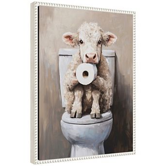 Sylvie Cute Cow Toilet Paper Roll Toilet Bathroom Art Framed Canvas by The Creative Bunch Studio