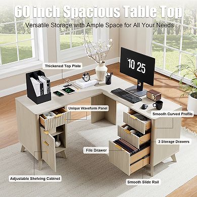 60" L-Shaped Executive Desk with Charging Station & Drawer, Modern Fluted Corner Home Office Desk