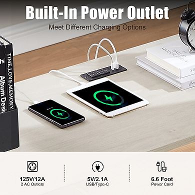 60" L-Shaped Executive Desk with Charging Station & Drawer, Modern Fluted Corner Home Office Desk