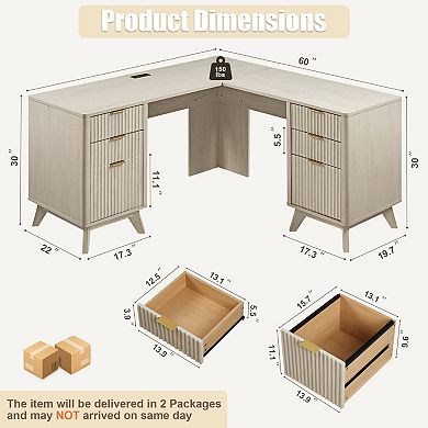 60" L-Shaped Executive Desk with Charging Station & Drawer, Modern Fluted Corner Home Office Desk