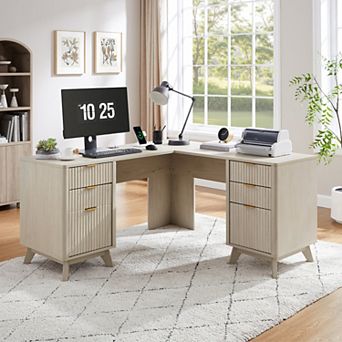 60" L-Shaped Executive Desk with Charging Station & Drawer, Modern Fluted Corner Home Office Desk