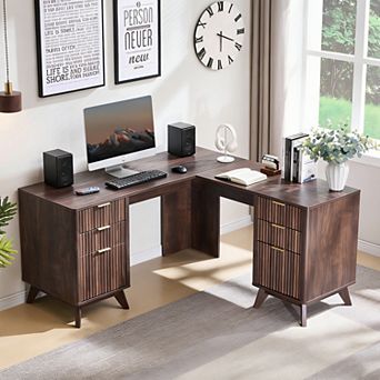 60" L-Shaped Executive Desk with Charging Station & Drawer, Modern Fluted Corner Home Office Desk