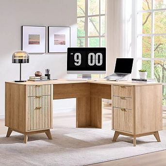 60" L-Shaped Executive Desk with Charging Station & Drawer, Modern Fluted Corner Home Office Desk