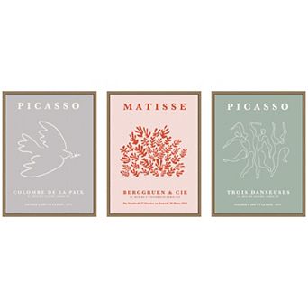 Picasso Inspired Bird & Inspired Dance 3 pc Framed Canvas Wall Art Set by Gabrielly Guedes