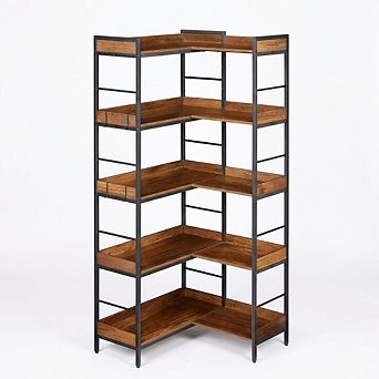 5 tier Bookshelf, Open Shelves, Reversible Corner Design, Wooden Bookcase for Living Room