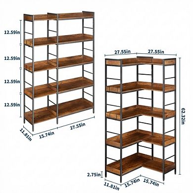 5-Tier Bookshelf, Open Shelves, Reversible Corner Design, Wooden Bookcase for Living Room