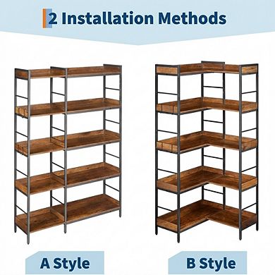 5-Tier Bookshelf, Open Shelves, Reversible Corner Design, Wooden Bookcase for Living Room
