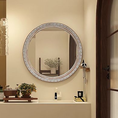 Ornate Round Wall Mirror (23.62" x 23.62"), Distressed White