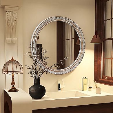Ornate Round Wall Mirror (23.62" x 23.62"), Distressed White