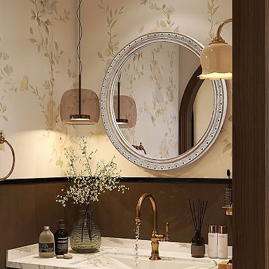 Ornate Round Wall Mirror (23.62" x 23.62"), Distressed White
