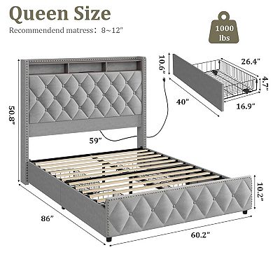 Platform Velvet Upholstered Bed Frame with 4 Storage Drawers, USB Charging Station, Led Lights